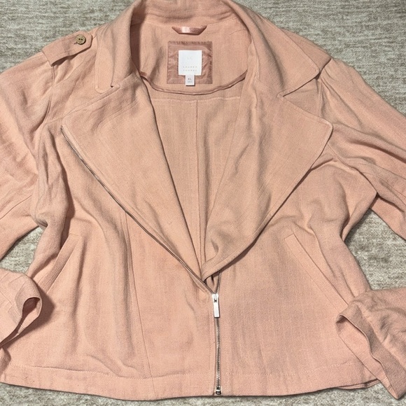 XL rayon linen moto jacket peachy color push up sleeves zip front - Picture 3 of 8
